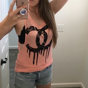 Coral tank top with Coco Chanel logo
